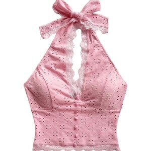 Coquette Lace Halter Crop Top in Soft Pink - Women